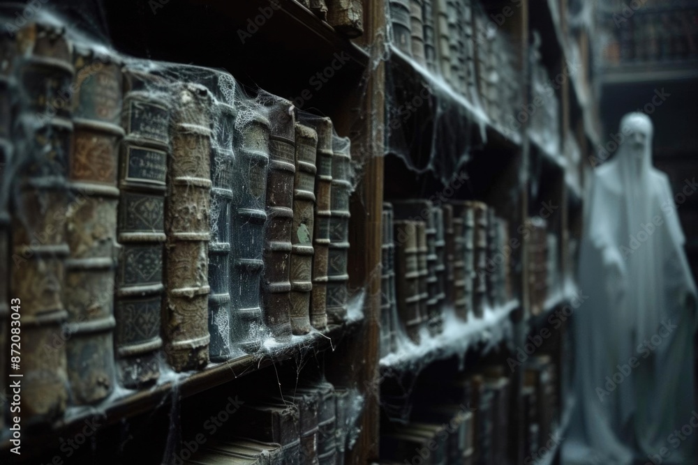Eerie library filled with cobwebbed books and an ethereal figure in the background, capturing a haunting and mysterious atmosphere. Eerie library filled with cobwebbed books and an ethereal figure in the background, capturing a haunting and mysterious atmosphere.