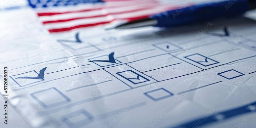 Close-up of a voting ballot with check marks, pen, and American flag in the background, representing the election process. Close-up of a voting ballot with check marks, pen, and American flag in the background, representing the election process.