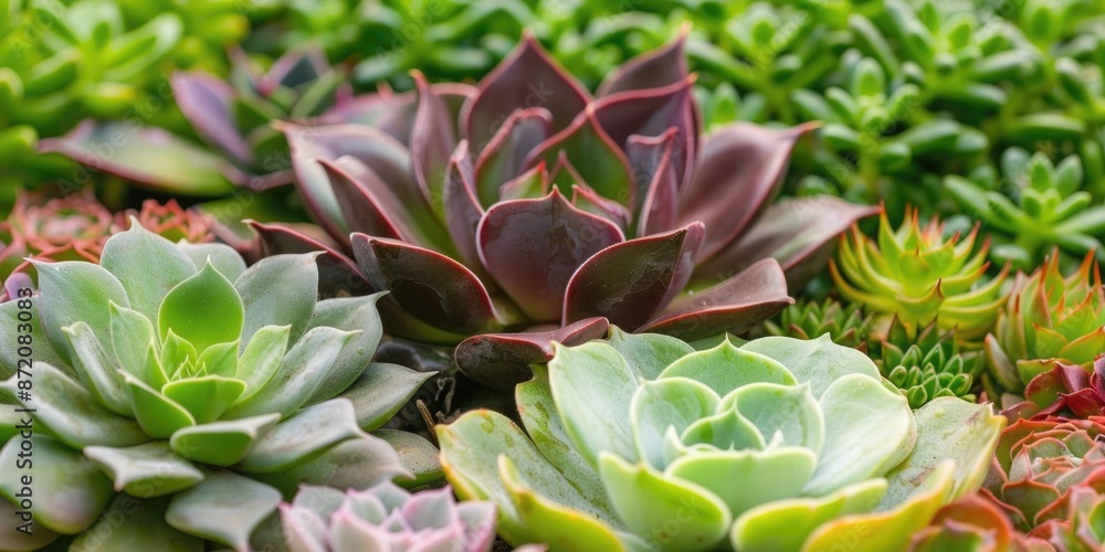 Close-up of colorful succulent plants in various shades of green, purple, and red, showcasing their unique textures and patterns. Close-up of colorful succulent plants in various shades of green, purple, and red, showcasing their unique textures and patterns.