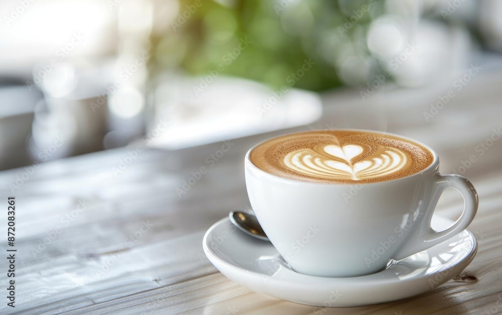 A beautifully crafted latte with intricate foam art served in a white cup and saucer on a wooden table in a cozy cafe setting. A beautifully crafted latte with intricate foam art served in a white cup and saucer on a wooden table in a cozy cafe setting.