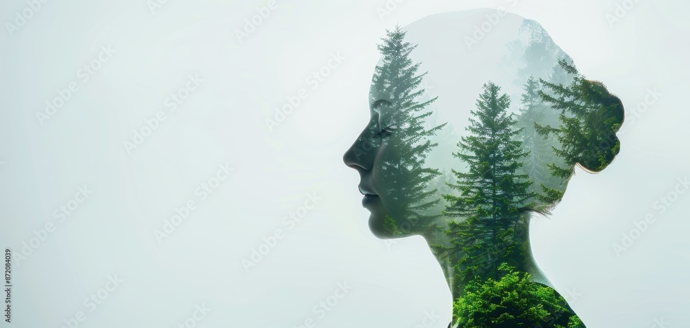 Double exposure of a woman's silhouette with a forest, symbolizing a connection to nature, tranquility, and the philosophical depth of the human mind. Double exposure of a woman's silhouette with a forest, symbolizing a connection to nature, tranquility, and the philosophical depth of the human mind.