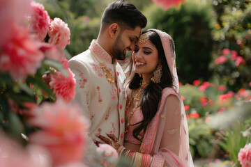 young Indian couple standing together at garden background with pink and red flower