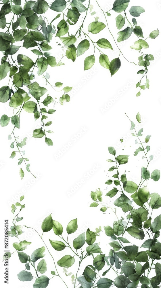 Abstract botanical art with branches and lush green leaves in watercolor on white. Abstract botanical art with branches and lush green leaves in watercolor on white.