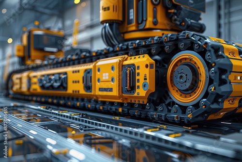 Close-up of a futuristic, yellow tracked vehicle in a factory setting.