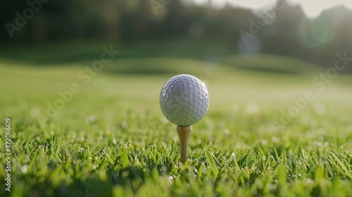 closeup of a pristine white golf ball perched on a wooden tee blurred green fairway in the background creates depth and context for the sport