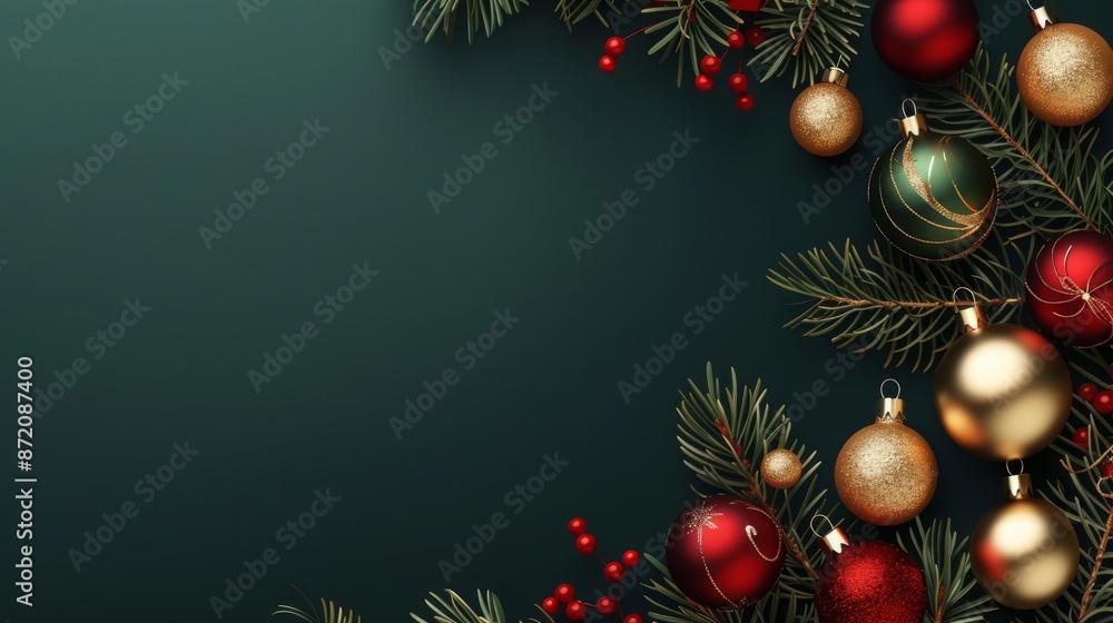 Festive Christmas Ornaments with Pine Branches and Red Berries on Green Background Festive Christmas Ornaments with Pine Branches and Red Berries on Green Background
