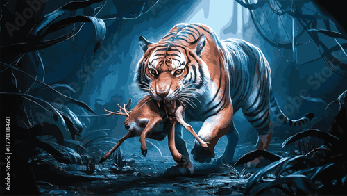 The ferocity of the forest animal, the tiger, is preying on its prey