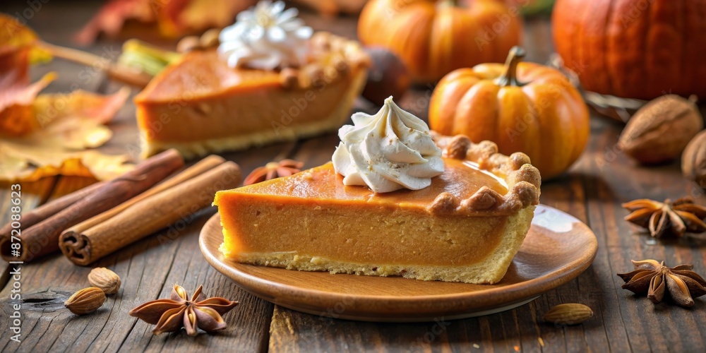 Slice of pumpkin pie with whipped cream on a rustic plate, surrounded by autumn leaves and pumpkins. Slice of pumpkin pie with whipped cream on a rustic plate, surrounded by autumn leaves and pumpkins.