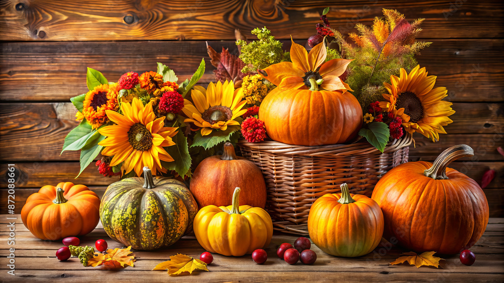 A beautiful still life of pumpkins, sunflowers, and fall leaves in a basket, perfect for Thanksgiving or autumn decor. A beautiful still life of pumpkins, sunflowers, and fall leaves in a basket, perfect for Thanksgiving or autumn decor.