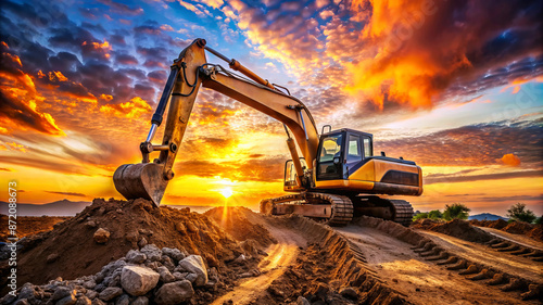 Wallpaper Mural An excavator is digging a hole in the ground. The sun is setting in the background. Torontodigital.ca