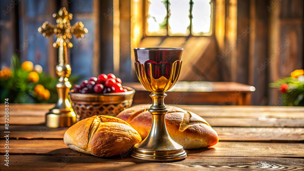 Obraz premium Eucharist symbols including a golden chalice, bread, grapes, and a cross on a wooden table in a church.