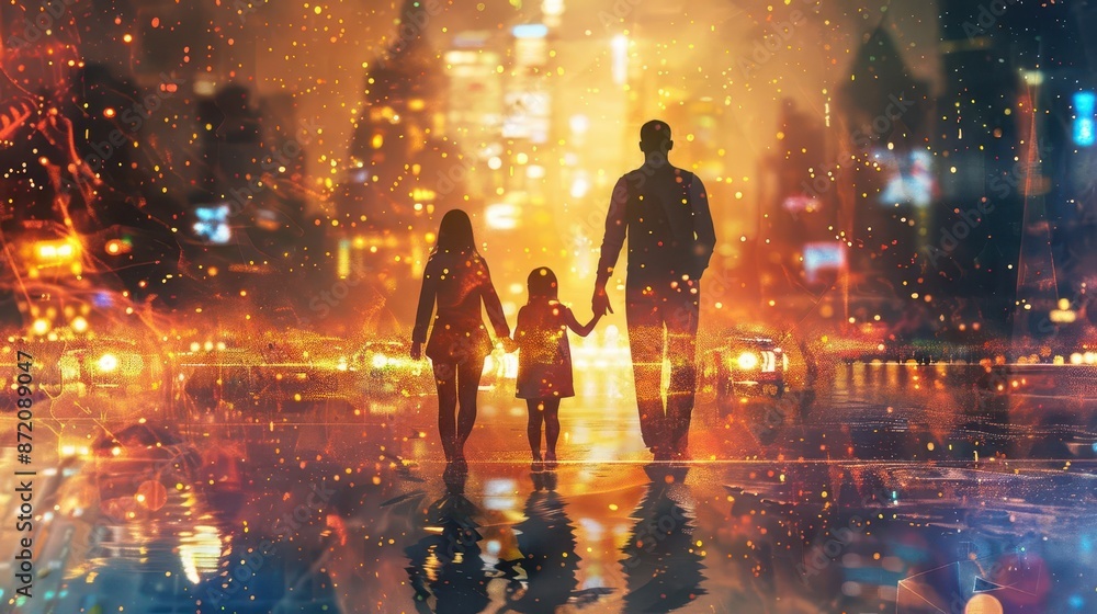 diverse family protected by shimmering energy shield representing unity and security in abstract cityscape diverse family protected by shimmering energy shield representing unity and security in abstract cityscape