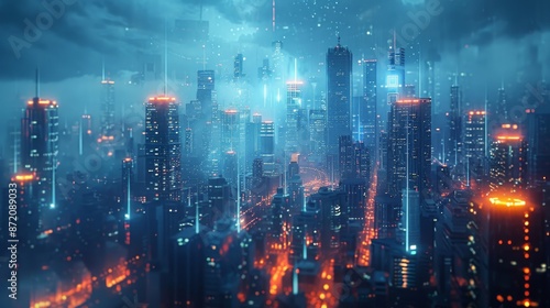Futuristic Cityscape, abstract depiction of a futuristic city skyline, isolated dark background © Monto