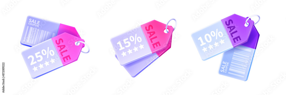 Φωτογραφία 3D sale tag icon set, vector shopping voucher badge, marketing discount coupon gift sticker kit
