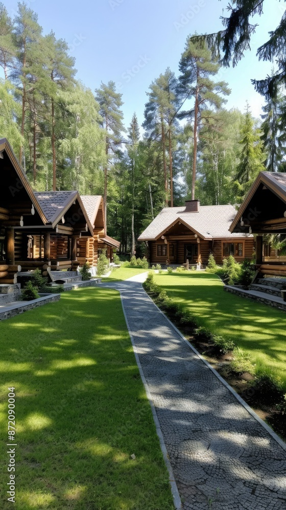 A group of wooden cabins nestled in a valley surrounded by lush green trees and mountains. The sky is blue with white puffy clouds A group of wooden cabins nestled in a valley surrounded by lush green trees and mountains. The sky is blue with white puffy clouds