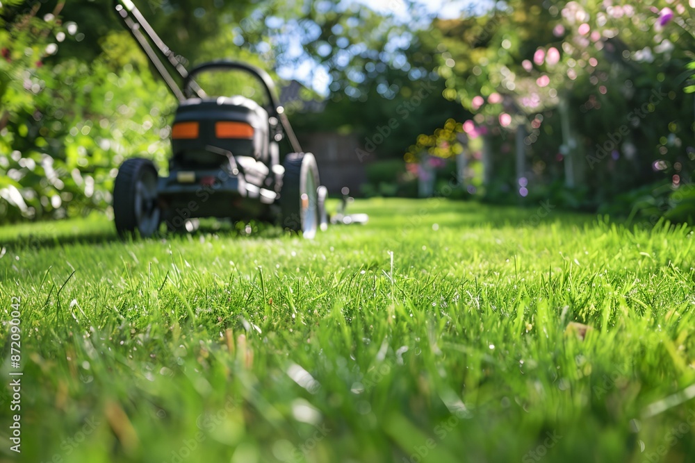 A lawn mower is cutting the grass in a yard A lawn mower is cutting the grass in a yard