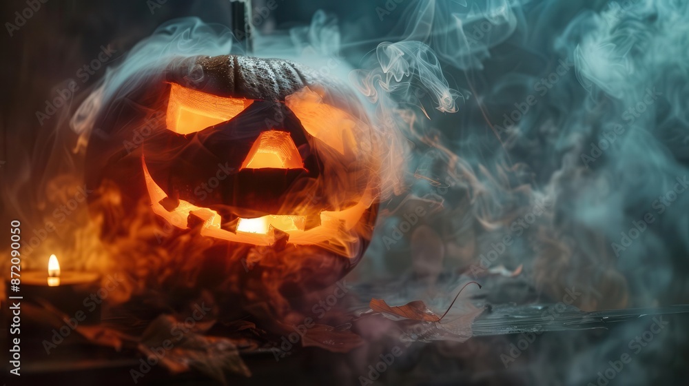 eerie jackolantern glowing in darkness intricate carved face wispy smoke tendrils halloween atmosphere dramatic shadows eerie jackolantern glowing in darkness intricate carved face wispy smoke tendrils halloween atmosphere dramatic shadows