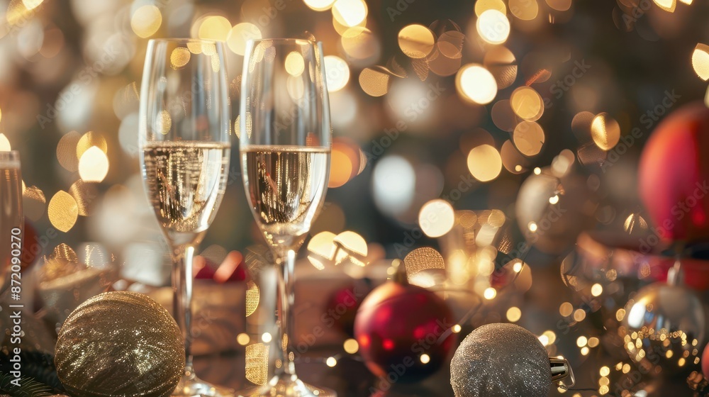 elegant champagne flutes with sparkling wine surrounded by festive holiday decorations soft bokeh lights and reflective surfaces create a glamorous celebratory atmosphere elegant champagne flutes with sparkling wine surrounded by festive holiday decorations soft bokeh lights and reflective surfaces create a glamorous celebratory atmosphere