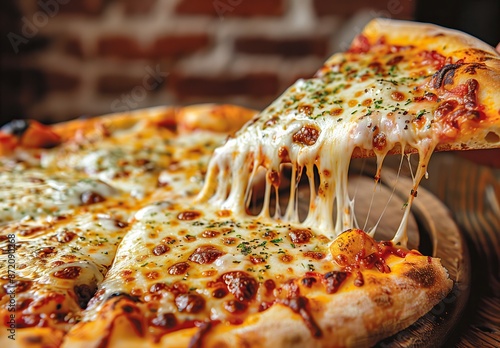 Melted mozzarella cheese drips enticingly from a close-up shot of a delectable cheese pizza.