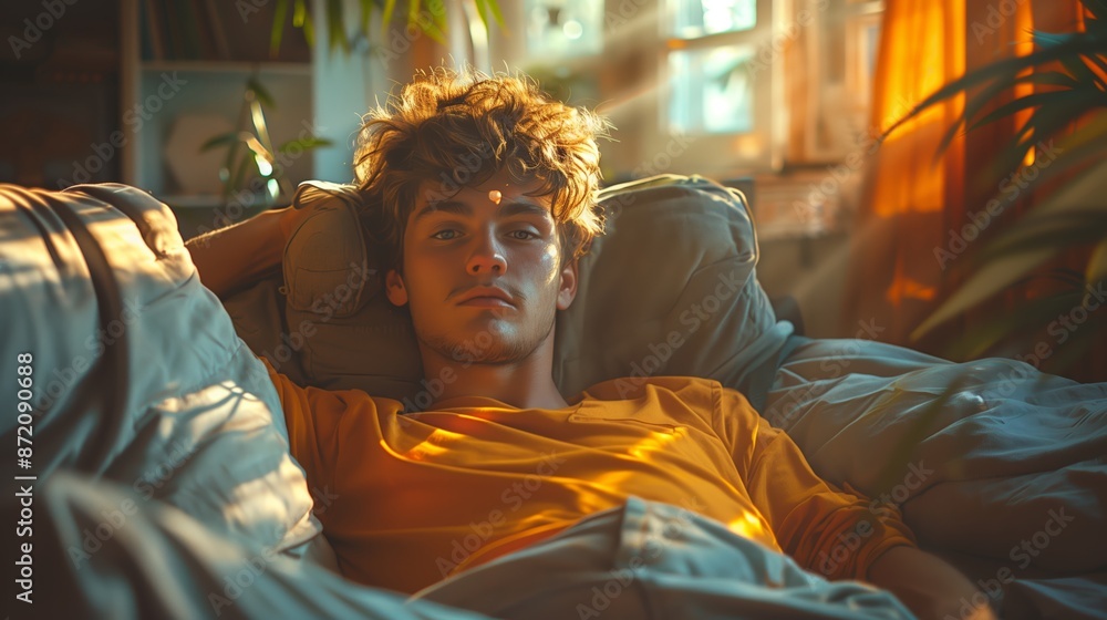 Young Man Relaxing in a Couch in the Afternoon Sunlight Young Man Relaxing in a Couch in the Afternoon Sunlight