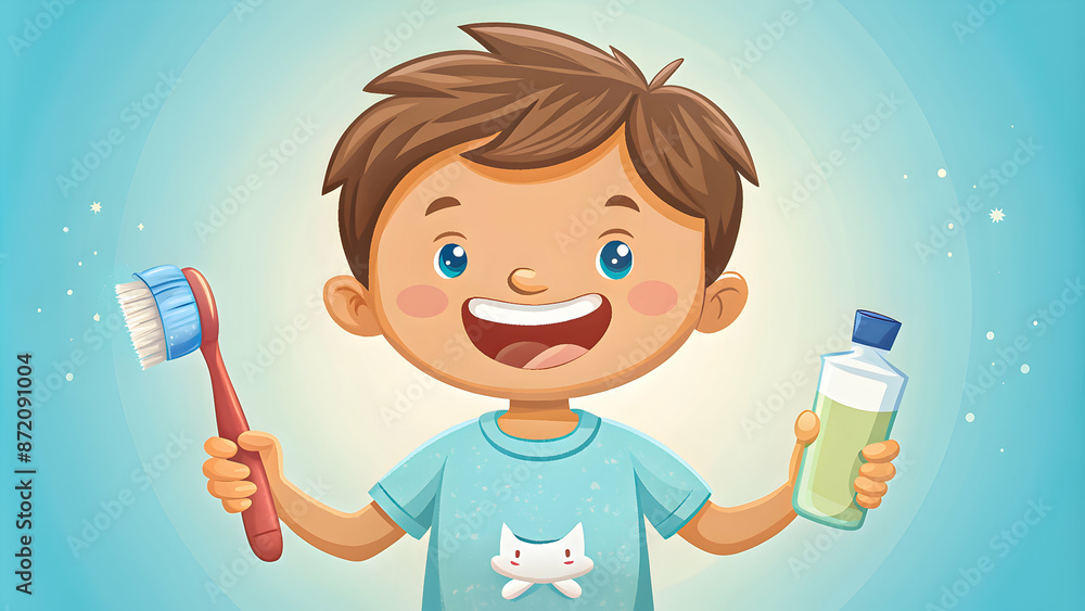 A young boy with a toothbrush and mouthwash smiles broadly, demonstrating good dental hygiene habits. A young boy with a toothbrush and mouthwash smiles broadly, demonstrating good dental hygiene habits.