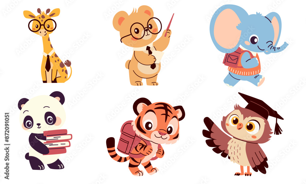 Obraz premium Set of flat vector illustrations in children's style on white background on the theme of learning and school. Bear giraffe tiger cub elephant owl and panda with textbooks and school bags. Vector