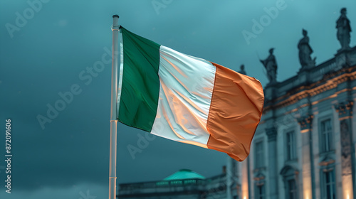 view of a street Irish flag waving old European building in the background