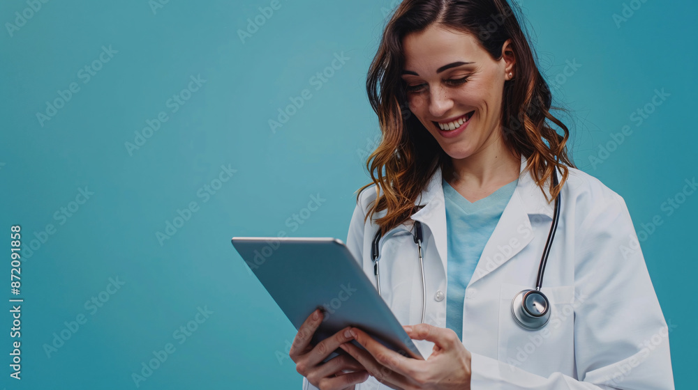 Smiling female doctor using digital tablet, in white coat against blue, healthcare technologies Smiling female doctor using digital tablet, in white coat against blue, healthcare technologies