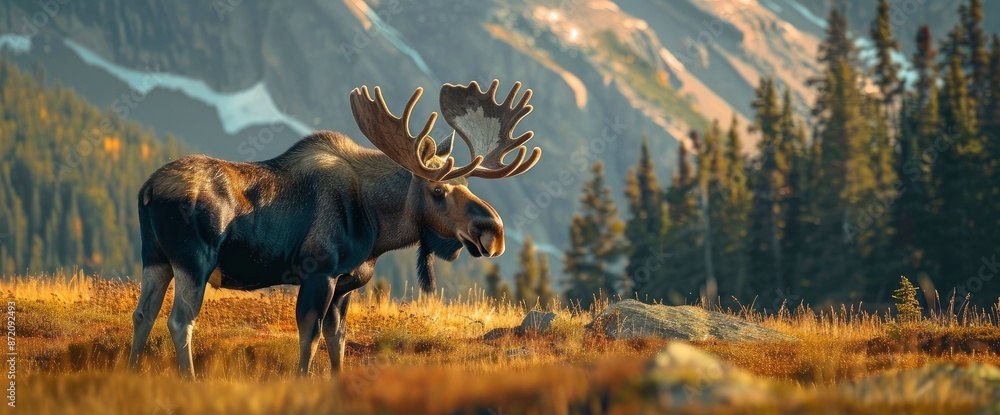 Bull Moose Standing And Eating In A High Mountain Meadow,High Resolution, Ultra HD Bull Moose Standing And Eating In A High Mountain Meadow,High Resolution, Ultra HD