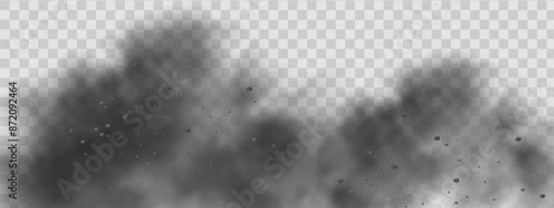 Vector background of a sand explosion with dirt and cloud smoke. Brown sandstorm splash and  dirty ground with a textured wind effect.Yellow flying particles and stone.