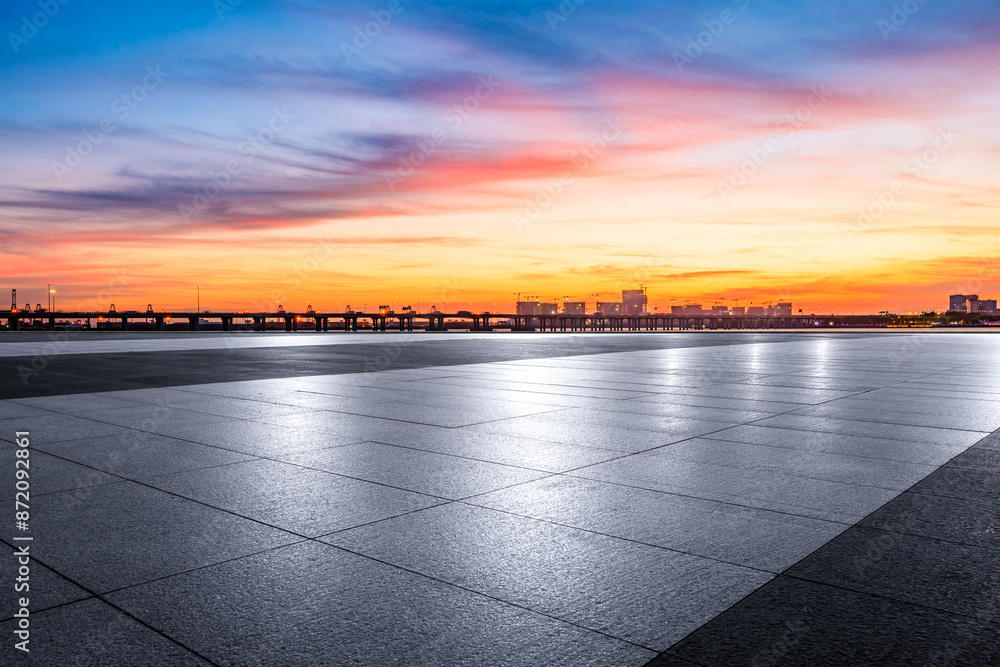 Empty square floor and beautiful sky clouds natural landscape at sunset. car background.