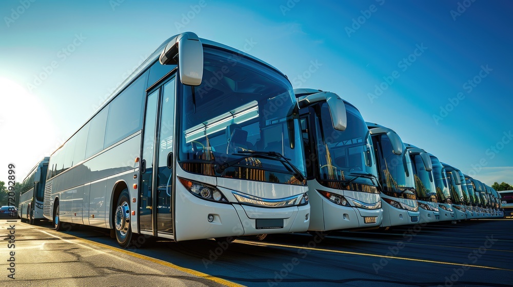 Fototapeta premium Summer Brilliance: Five Tourist Buses Aligned Perfectly