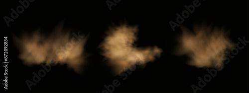 Vector background of a sand explosion with dirt and cloud smoke. Brown sandstorm splash and  dirty ground with a textured wind effect.Yellow flying particles and stone.