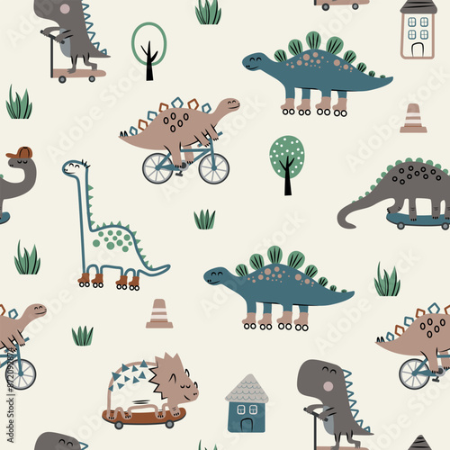 Dinosaurs in the cite seamless pattern. Cute cartoon dino on a skateboard, bike, rollers, scooter in sketch doodle style.