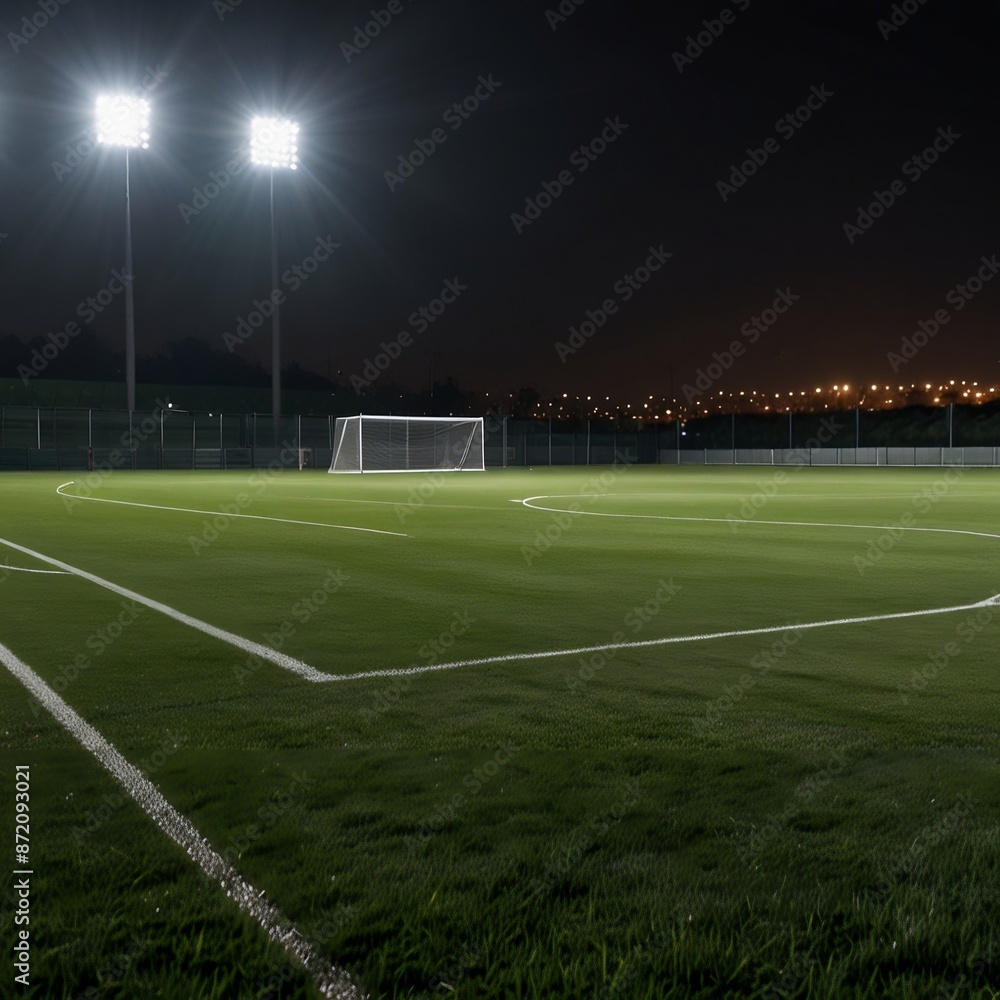 Fototapeta premium A soccer field with a bright green grass and a few lights in the background