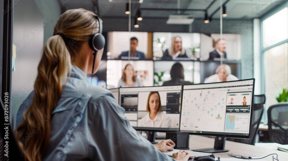 A woman is sitting in front of a computer monitor with multiple screens displaying different images. She is focused on his work. Concept of productivity and concentration A woman is sitting in front of a computer monitor with multiple screens displaying different images. She is focused on his work. Concept of productivity and concentration