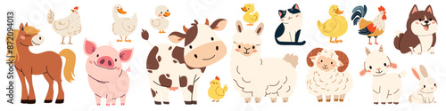 Set of flat vector illustration on white background. Domestic farm animals. Cow pig lamb sheep sheep horse dog cat goose duck hen rooster goat. Vector illustration