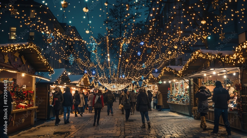 a group of people walking down a street covered in lights a group of people walking down a street covered in lights