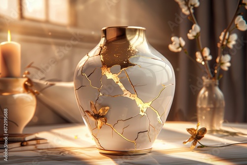 Kintsugi style gold-plated crack ceramic amphora, an exquisite decorative item, perfect for adding vintage charm to home decor.