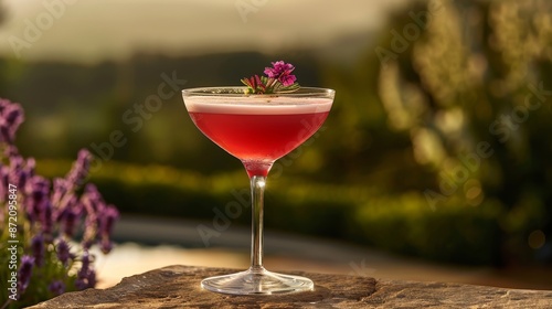 Elegant cocktail in a coupe glass with a purple flower garnish, set against a blurry outdoor background at sunset.