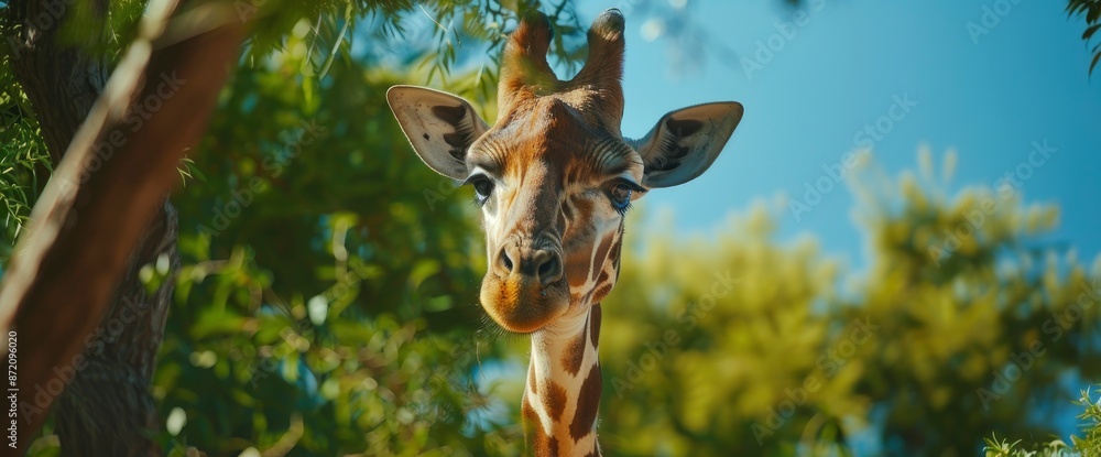 Naklejka premium A Tall Giraffe Browsing The Treetops,High Resolution, Ultra HD