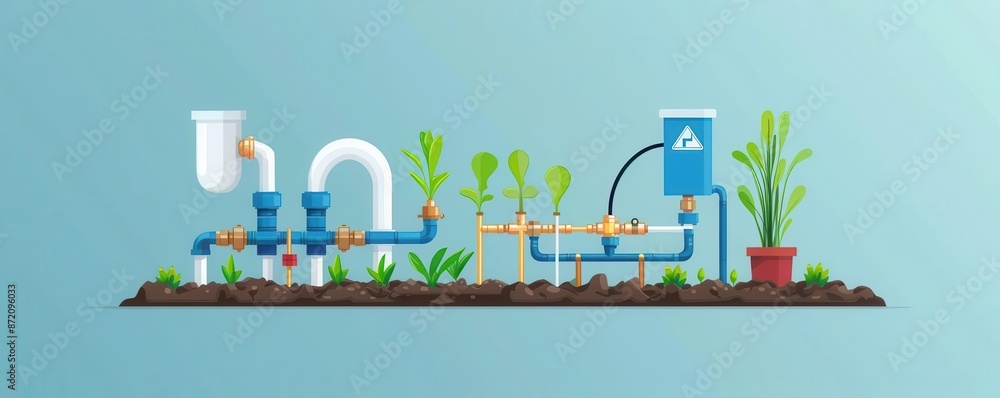Naklejka premium Drip irrigation system flat design side view, water-efficient agriculture, water color, Split-complementary color scheme