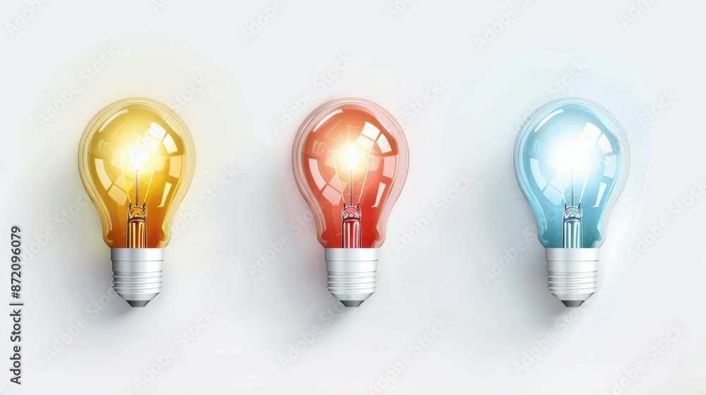 LED light bulbs flat design top view, eco-friendly lighting, cartoon drawing, Triadic Color Scheme LED light bulbs flat design top view, eco-friendly lighting, cartoon drawing, Triadic Color Scheme
