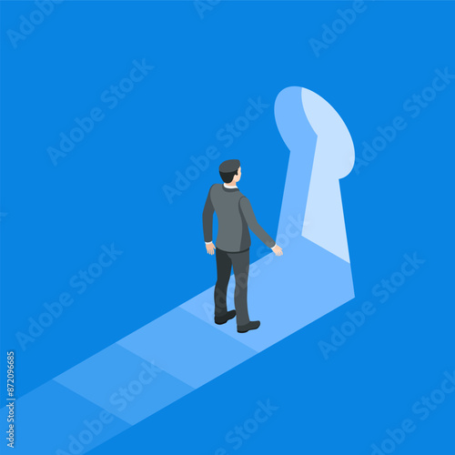 isometric vector business man stands in front of the keyhole, in color on a blue background, mystery or discovery of something new