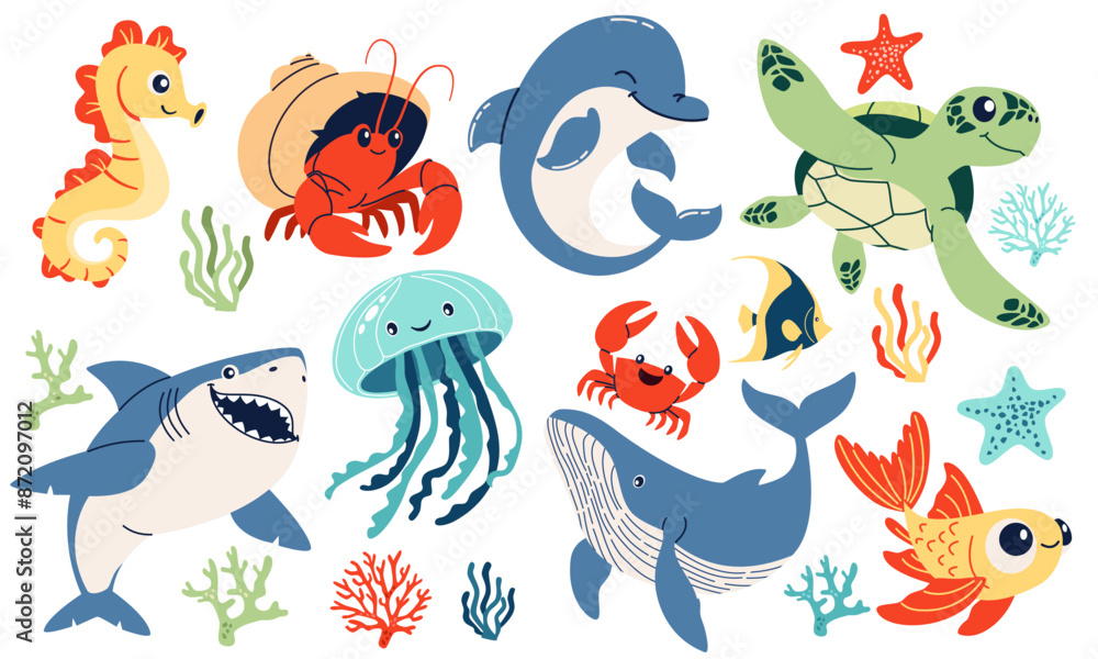 Naklejka premium Set of flat vector illustrations on the theme of marine inhabitants. Cute shark crab crayfish hermit jellyfish turtle seahorse sea stars and corals dolphin fish . Vector illustration