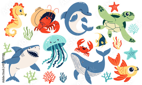 Set of flat vector illustrations on the theme of marine inhabitants. Cute shark crab crayfish hermit jellyfish turtle seahorse sea stars and corals dolphin fish . Vector illustration