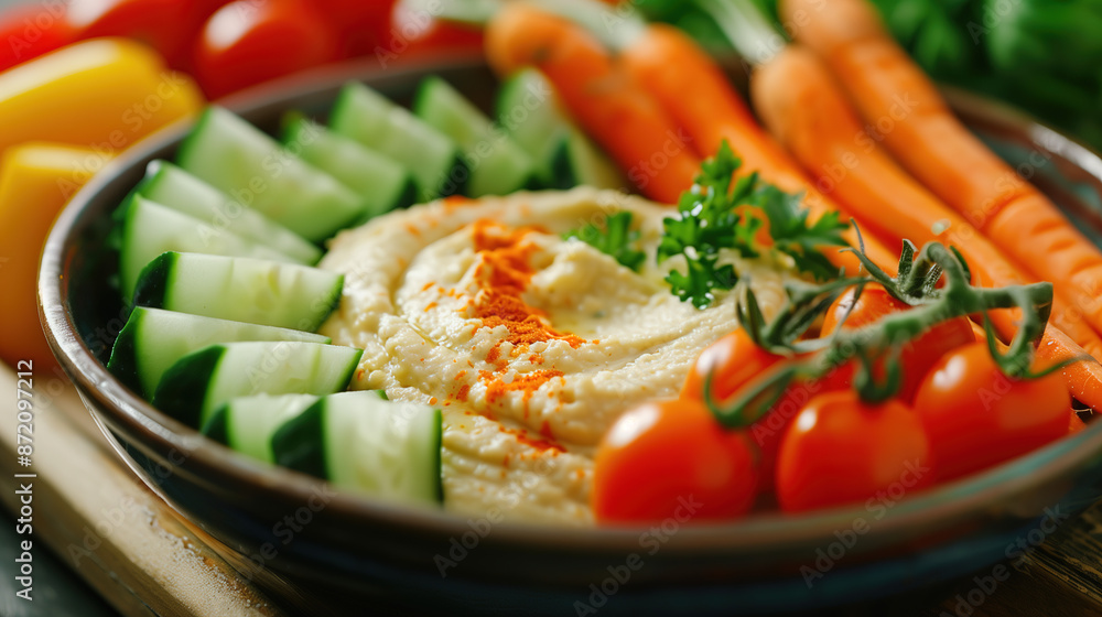 a colorful veggie platter, featuring carrot sticks, cucumber slices, cherry tomatoes, and bell pepper strips, served with a hummus dip in a bright a colorful veggie platter, featuring carrot sticks, cucumber slices, cherry tomatoes, and bell pepper strips, served with a hummus dip in a bright