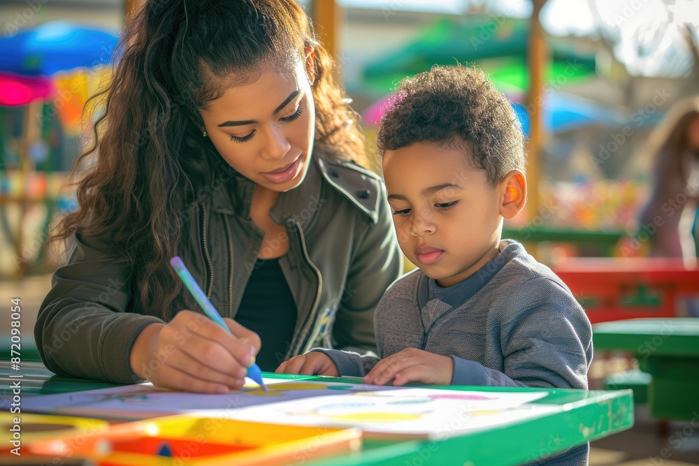 Fototapeta premium Teacher and Student Coloring Together in School