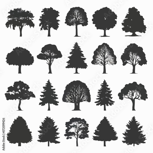 A collection of 20 distinct trees, each with its unique silhouette. These trees range from deciduous varieties with broad canopies to coniferous ones with needle-like leaves. 