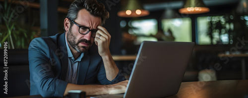 Businessman working on laptop overtime from office at night. Portrait of seriously focused man with headache. Remote work, deadline concept. Business executive feeling tired for overload job.